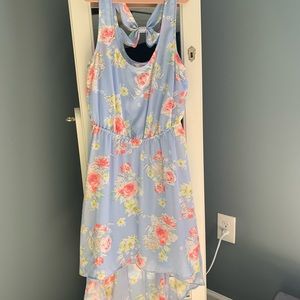 Medium baby blue high-low floral dress.